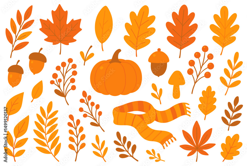 Fototapeta premium Autumn collection with fallen leaves, pumpkin, acorns, berries and scarf vector illustration set