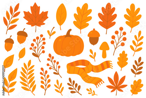 Autumn collection with fallen leaves, pumpkin, acorns, berries and scarf vector illustration set