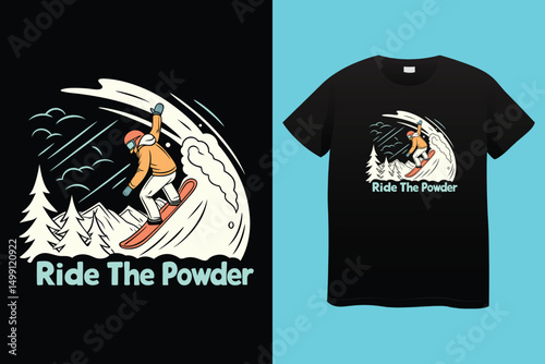 High-Speed Snowboarding in Snow-Covered Forest – Action Sports Design, Stylish Winter Athlete Snowboarding – Retro Vector Graphic for Apparel.