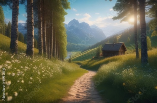 Idyllic Countryside Scene with Rustic Wooden Cottage Surrounded by Lush Greenery and Blossoming Meadow