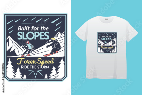 High-Speed Snowboarding in Snow-Covered Forest – Action Sports Design, Stylish Winter Athlete Snowboarding – Retro Vector Graphic for Apparel.
