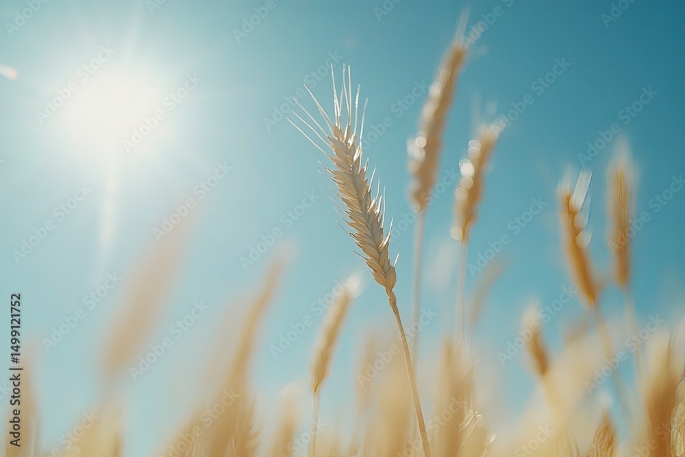 Obraz premium Sunny day, wheat field with the sun shining on it, blue sky in the background, close-up of a golden ear of wheat, macro photography, blurred focus on the grain and sunny background, warm colors, a nat