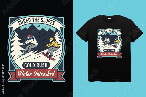 High-Speed Snowboarding in Snow-Covered Forest – Action Sports Design, Stylish Winter Athlete Snowboarding – Retro Vector Graphic for Apparel.