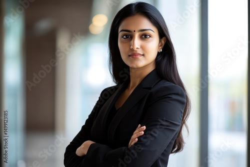 Confident Indian businesswoman in a black suit stands poised in a modern office with large windows, showcasing professionalism and determination in her expression Free Download Confident Indian businesswoman in a black suit stands poised in a modern office with large windows, showcasing professionalism and determination in her expression - GFXLoad