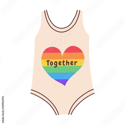 Pride bodysuit with rainbow heart and “Together” quote. LGBTQ clothing. Vector illustration.