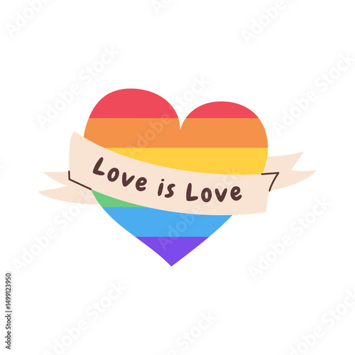 LGBTQ+ rainbow heart wrapped in ribbon with text Love is love. Vector illustration.