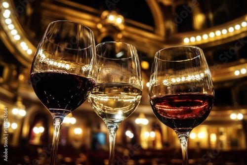 Three glasses of wine in a luxurious opera house