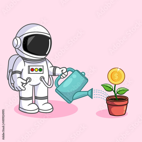 Astronaut Watering a Money Plant Vector Illustration Cartoon Design