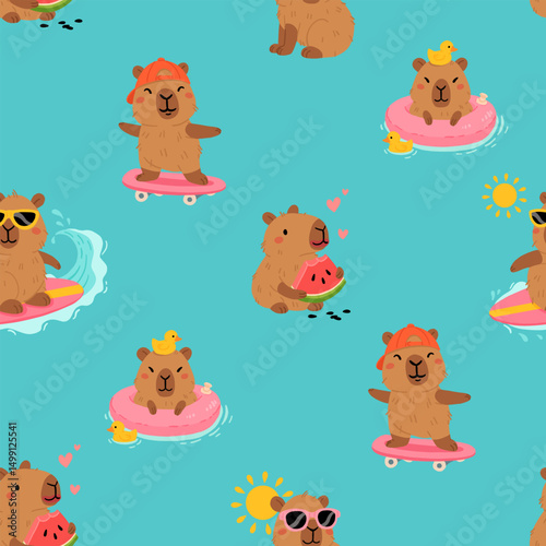 Seamless pattern with cute summer capybaras in various poses and items. Hand drawn cartoon flat style. Vacation seasonal template for design, kids collection