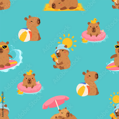 Seamless pattern with cute summer capybaras in various poses and items. Hand drawn cartoon flat style. Vacation seasonal template for design, kids collection