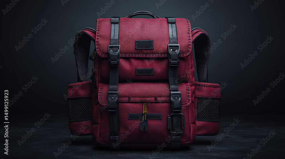 Naklejka premium Red backpack on dark background