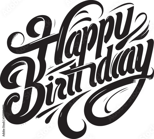 Stylish black and white calligraphy of 'Happy Birthday' with intricate typography on white. Great for greeting cards, banners, and birthday-themed designs