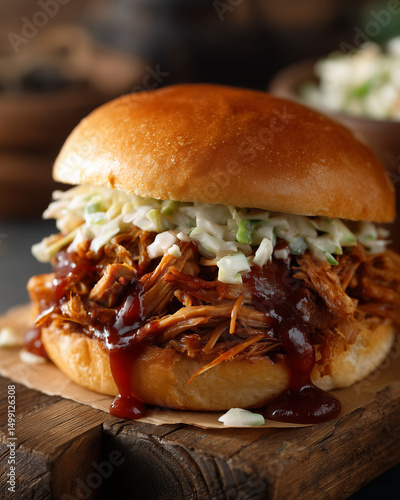 Pulled pork, Slow-cooked shredded pork, close-up of juicy pulled pork sandwich in a toasted brioche bun with coleslaw and barbecue sauce