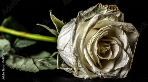 Close-up of a single white rose on a black background, symbolizing mourning and remembrance, slightly wilted to emphasize the somber theme.