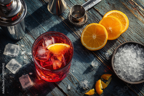 Negroni, Italian gin and vermouth cocktail, overhead Negroni setup with a glass of the cocktail, sliced oranges, bar tools, and scattered ice cubes on a rustic dark table