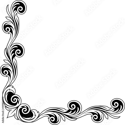 A filigree heraldic crest motif floral pattern corner border frame design element. Original design in a vintage style.