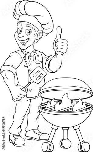A chef cartoon barbecue cook out brazier cook man giving thumbs up and holding a BBQ spatula mascot character illustration