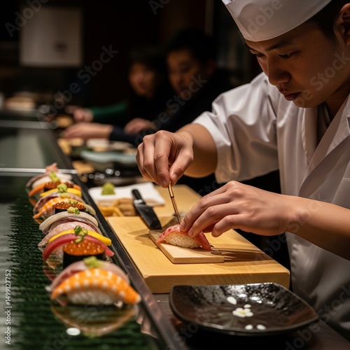 a focused japanese sushi artisan on work