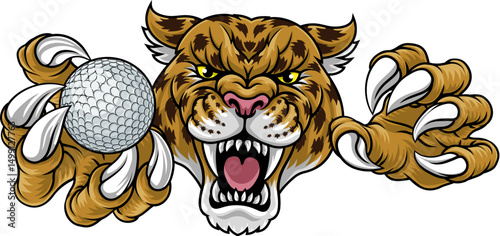 A jaguar, panther, leopard or cheetah wildcat spotted cat golf sports team mascot holding a ball