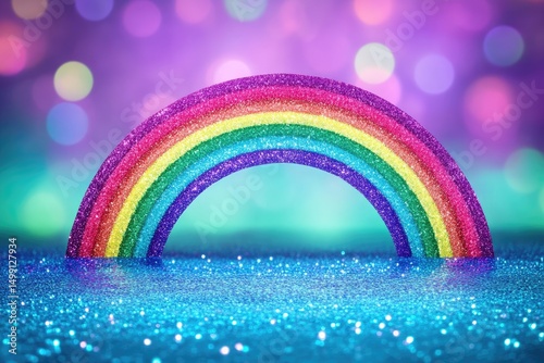 Glitter rainbow over teal glitter background