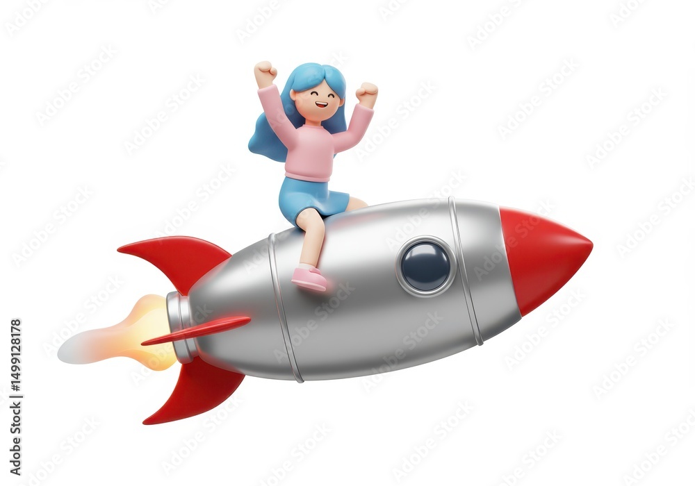 Fototapeta premium 3D Illustration of Cartoon girl riding a silver and red rocket isolated on white background