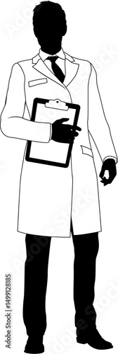 Silhouette person scientist, engineer or professor man in a lab coat. Holding clipboard checklist. Possibly performing experiment or surveying. Alternatively a chemist, science teacher or pharmacist.