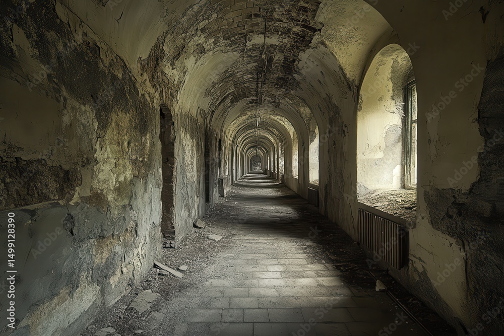 Corridor of an old castle showcasing historic architecture and remnants of a forgotten era, illuminated by soft light filtering through broken windows Corridor of an old castle showcasing historic architecture and remnants of a forgotten era, illuminated by soft light filtering through broken windows