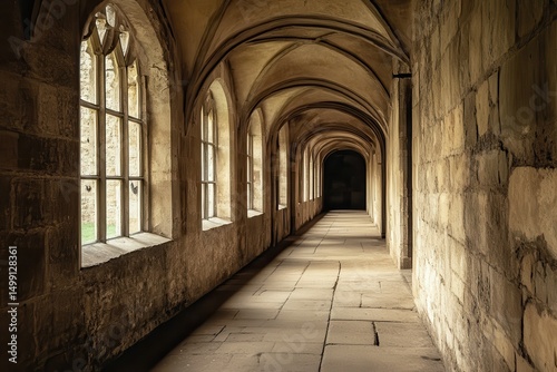 Exploring the ancient corridor of a historic castle with stone walls and arched windows illuminated by soft natural light