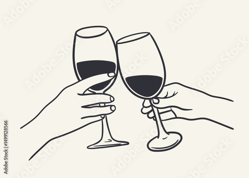 Female hand holding a glass of wine. Minimal linear fashion style.
