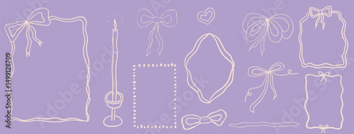 Whimsical frame with bow and curly line. Elegant frame vintage coquette style. Whimsical vintage french outline design.