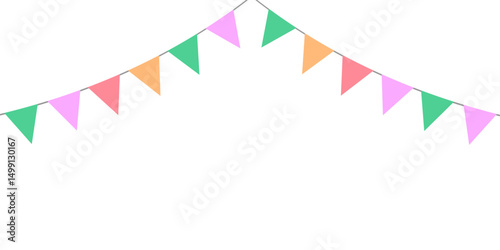 Colorful bunting flags on string for birthday party decoration, holiday anniversary fabric garland design, modern festive hanging decor. Isolated. Vector illustration.