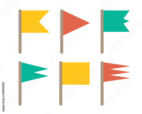 Colorful flag on a stick set for birthday party decoration, holiday anniversary fabric symbol design, modern festive hanging sign shapes decor. Isolated. Vector