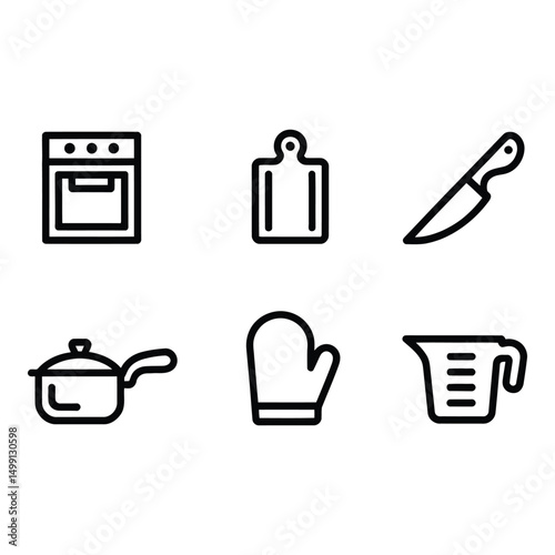 A chef s essential cooking tools oven cutting board knife pot oven mitt measuring cup vector line