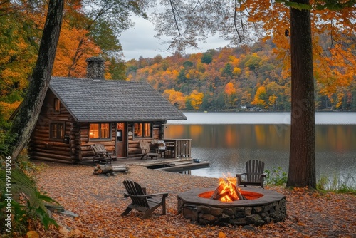 Fototapeta Naklejka Na Ścianę i Meble -  Cozy log cabin overlooking a tranquil lake surrounded by stunning fall foliage and a warm fire pit in the evening