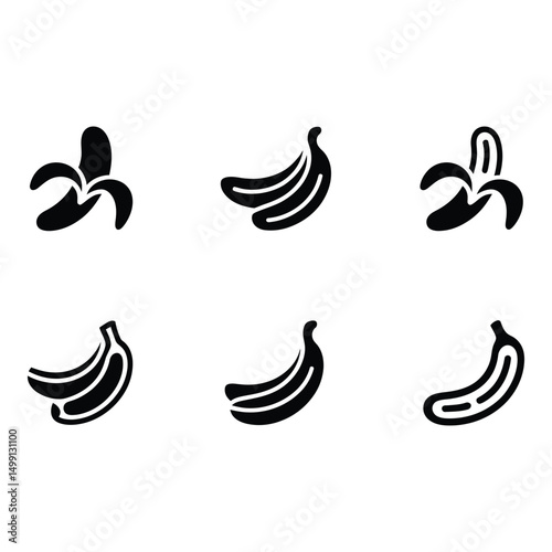 A collection of banana icons showing peeled grouped and solo fruit in a minimal black and white