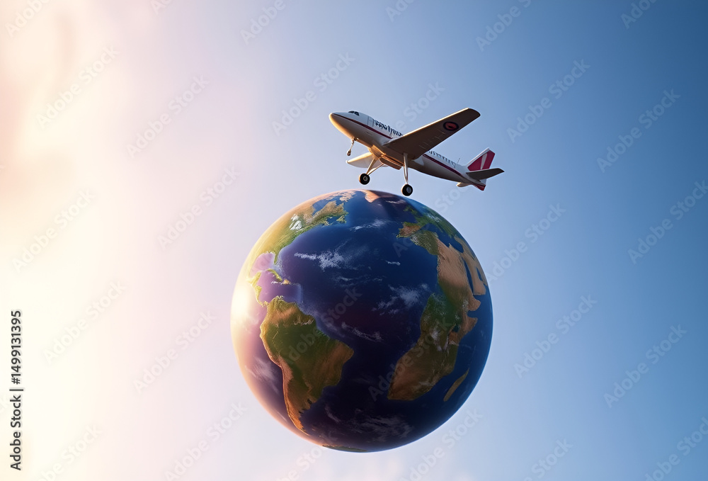 Naklejka premium An aeroplane and globe representing the travel around the world, Generative AI