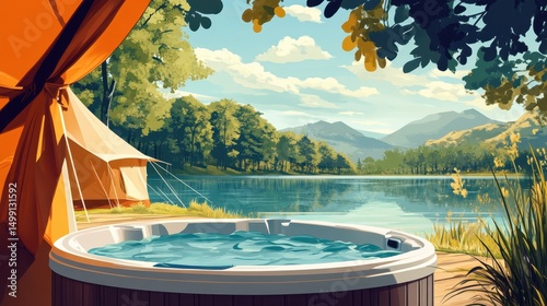 A dynamic portrayal of a hot tub near a glamping tent overlooking a serene lake.