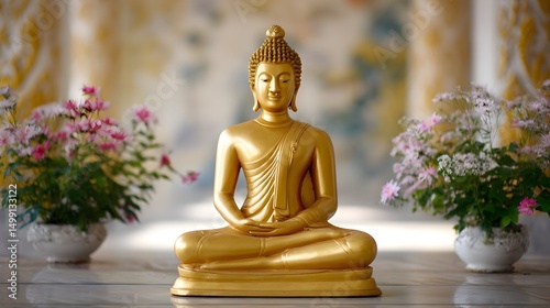 Serene golden Buddha statue sitting cross-legged surrounded by flowers in a tranquil temple setting during daylight