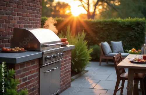 The stainless steel grill in the backyard of the house is surrounded by lush vegetation