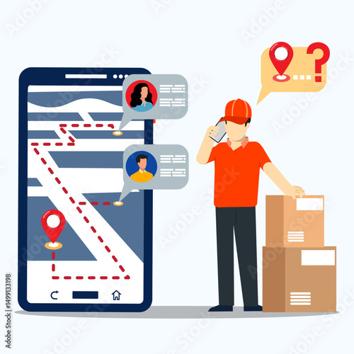 Courier call customers using a smartphone to ask for the address and location to deliver the package box. Confirmation for delivering online shopping concept.