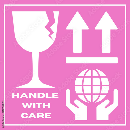 Sticker fragile handle with care, pink fragile warning sign label with broken glass symbol, this way up sign, handle with care. ( original illustration, not AI generated )