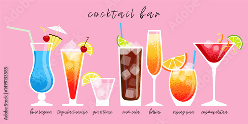 summer alcoholic cocktails with ice and fruits in glasses of different shapes, each cocktail is signed. flat drawing with transparent elements and texture. stock vector illustration. EPS 10.