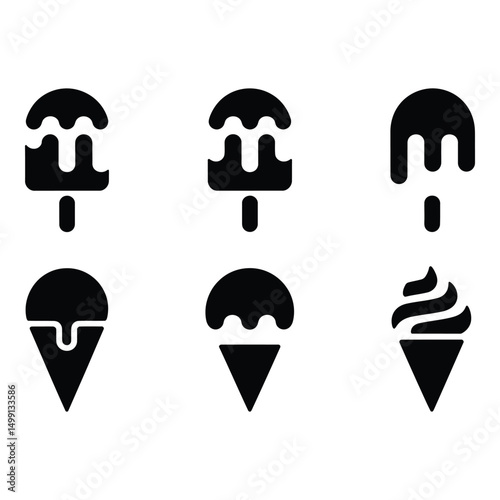 A playful assortment of ice cream icons melting dreams of summer joy in a simple elegant black and