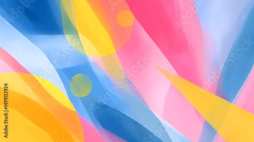 Vibrant close-up of bold pink, yellow, and blue splashes showcasing sharp artistic angles and dynamic color interaction