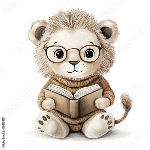 Funny lion cub reading a book in cozy sweater for whimsical nursery decor and imaginative play