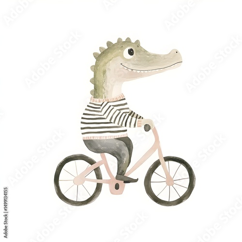 Crocodile riding a bicycle in an eclectic nursery art style for children's decor