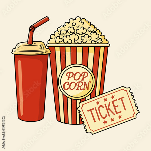 Cinema objects - popcorn bucket, soda water and retro style ticket, sketch vector illustration isolated on white background. Typical movie attributes - popcorn, soda water, cinema ticket