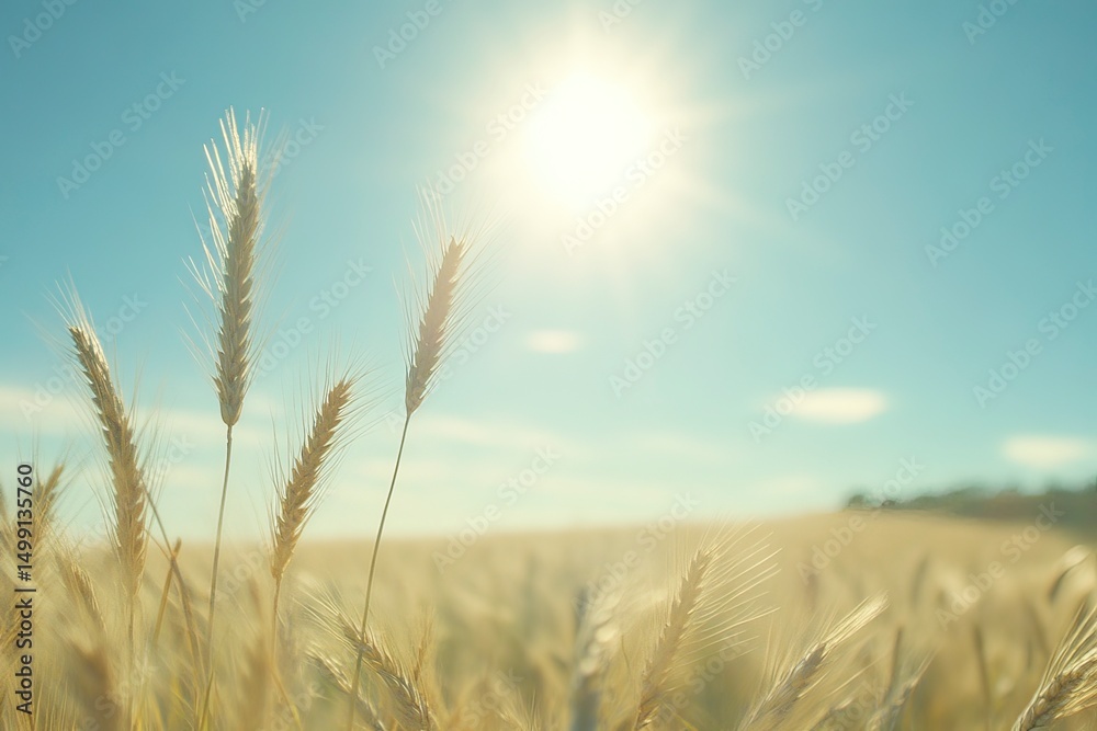 Naklejka premium Wheat field with sun and blue sky in the background. Macro shot, ultra-realistic photography. generative ai