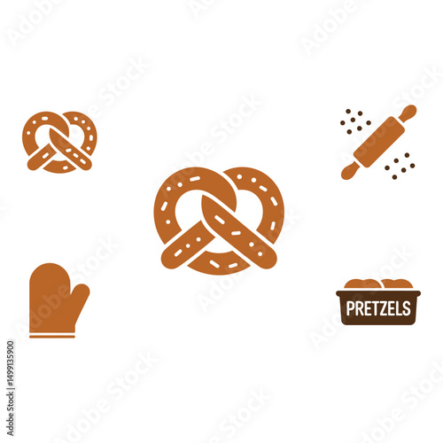 Baking bliss Homemade pretzel preparation icons showcasing cozy autumn vibes simple vector art on