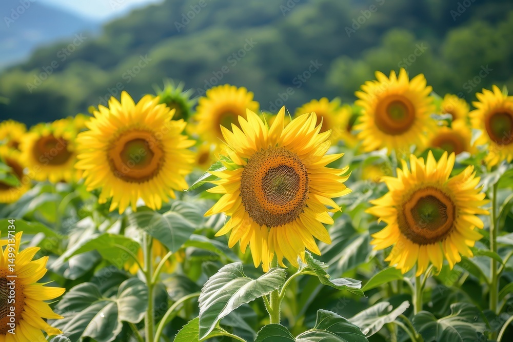 Fototapeta premium sunflower field in the summer on mountain